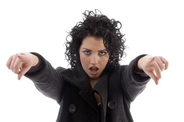 Female pointing with both hands — Stock Photo, Image