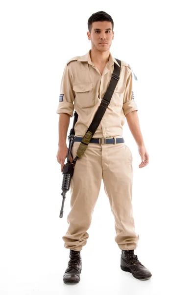 Amerikanischer junger Soldat mit Waffe — Stockfoto