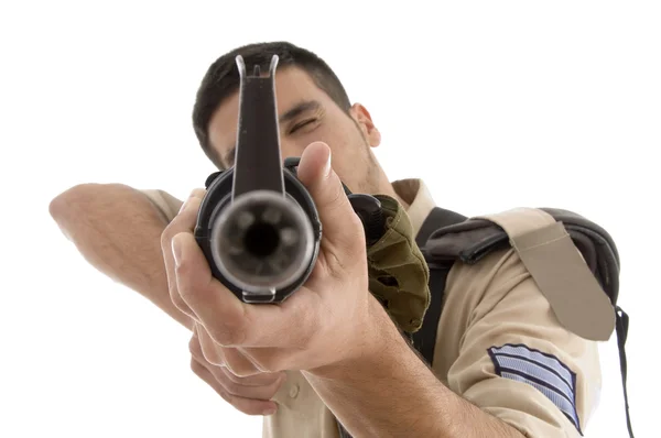 Portrait of young soldier aiming — Stock Photo, Image