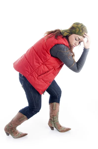 Stylish woman posing in red jacket — Stock Photo, Image