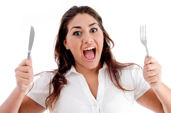 Ritratto di donna con forchetta e coltello — Foto Stock