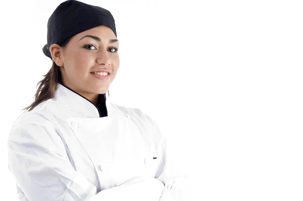 웃 고 젊은 여성 요리사의 초상화 — 스톡 사진
