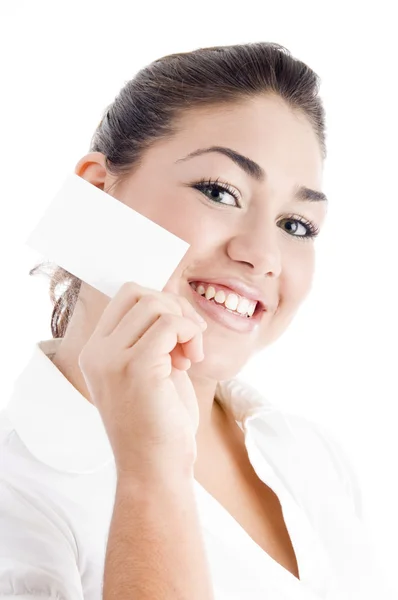 Attractive woman showing business card — Stock Photo, Image