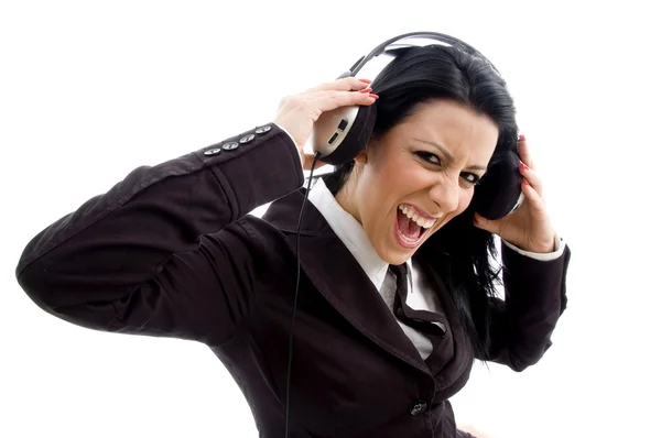 Mujer de negocios disfrutando de la música alta —  Fotos de Stock