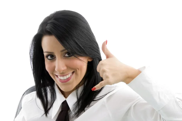 Woman showing telephonic hand gesture — Stock Photo, Image