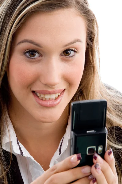 Close up of female holding mobile — Stock Photo, Image