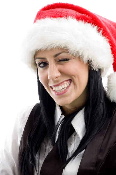 Young christmas lady winking eye — Stock Photo, Image