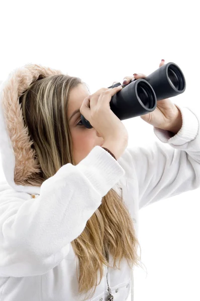 Female photographer with binoculars — Stock Photo, Image