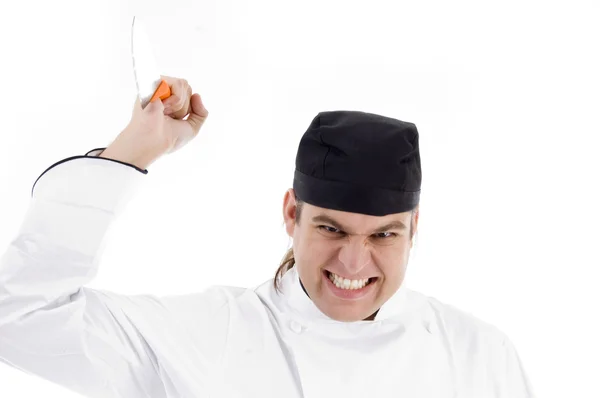 Male chef attacking with knife — Stock Photo, Image