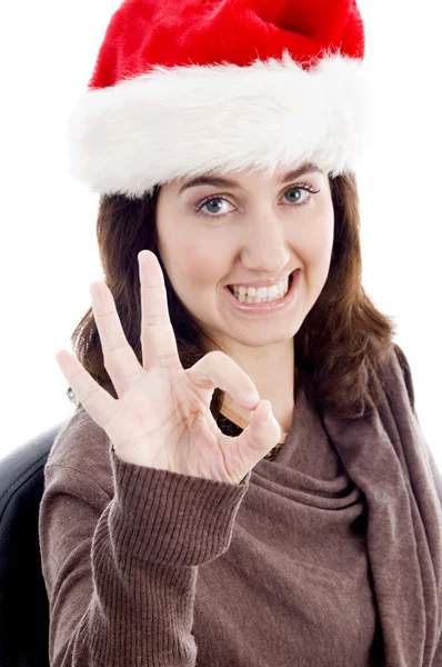 Christmas woman with ok hand gesture — Stock Photo, Image