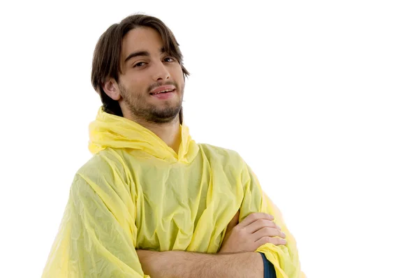 Portret van lachende man met regenjas — Stockfoto