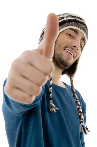 Side pose of young male with thumbs up — Stock Photo, Image