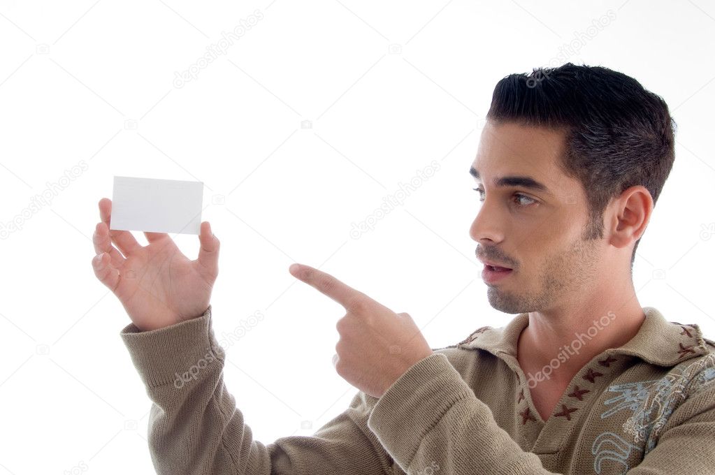 Businessman pointing at blank card