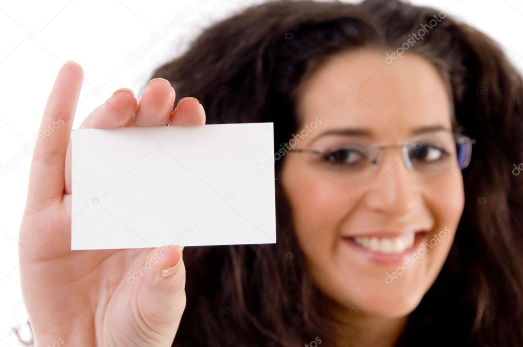 Businesswoman showing business card
