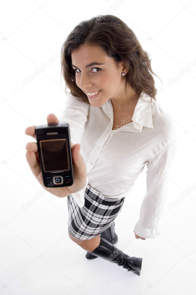 High angle view of woman with cell phone