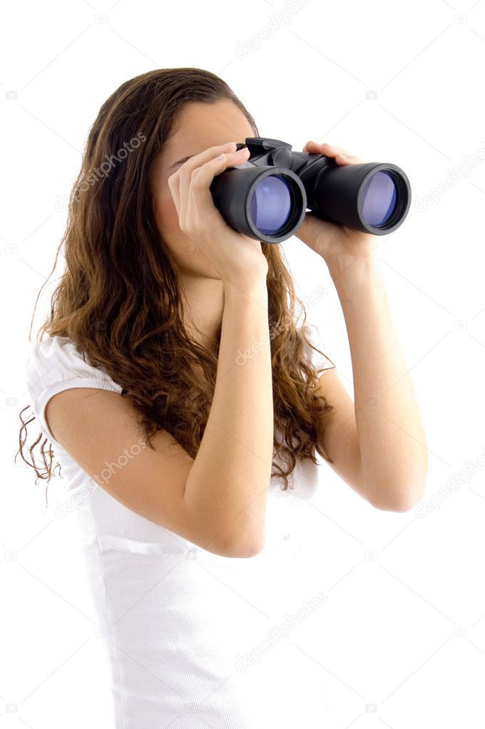Attractive model with binoculars