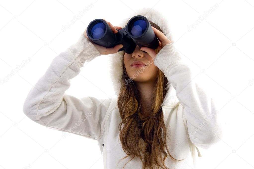 Attractive model with pair of binoculars