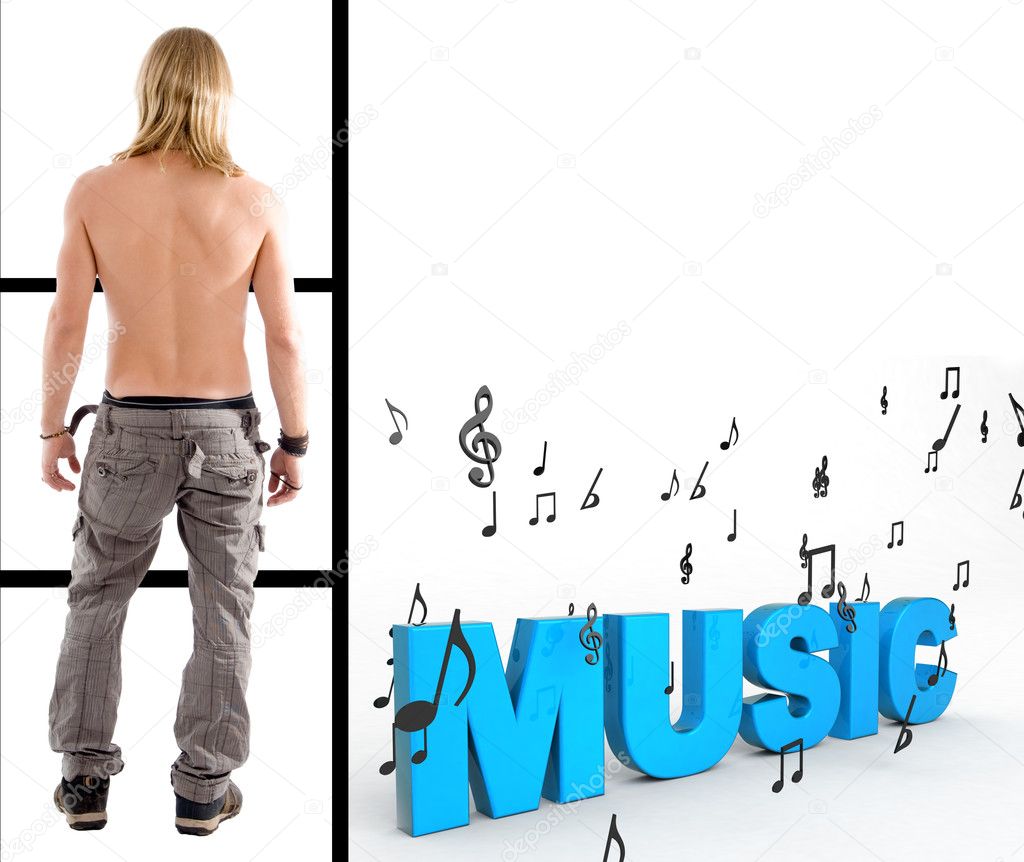 Shirtless man with 3d music text