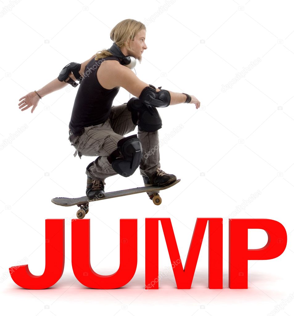 Skater jumping over 3d jump text
