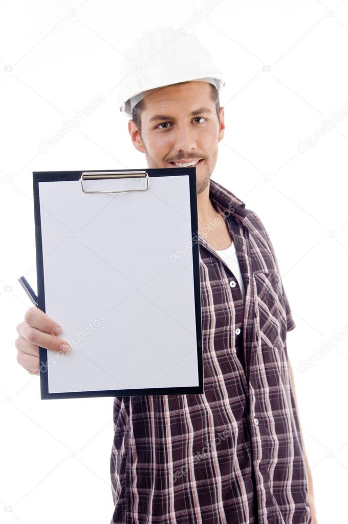Close up of engineer showing writing pad