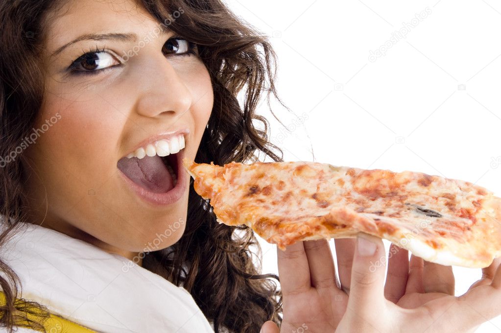 Pretty woman eating delicious pizza