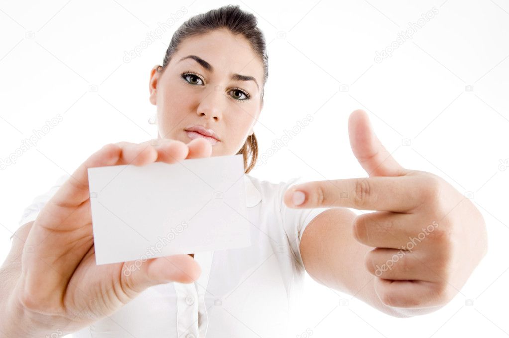 Female model pointing at business card