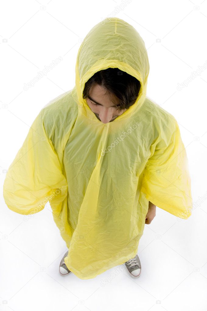 High angle view of man wearing raincoat