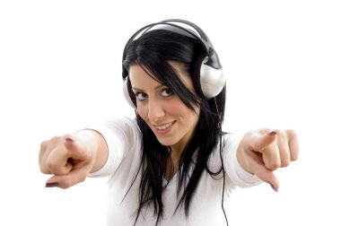 Gorgeous young female tuned in music clipart