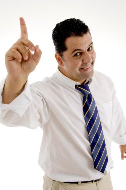 Happy corporate man pointing upwards clipart