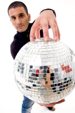 Man holding disco ball like a globe clipart