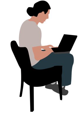 Adam dizüstü bilgisayarla sandalyede oturuyor.