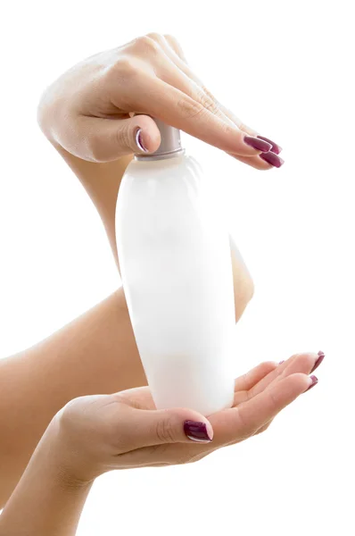 Portret van handen met lotion fles — Stockfoto