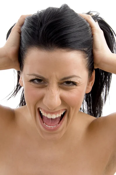 Adult angry woman shouting at camera — Stock Photo, Image