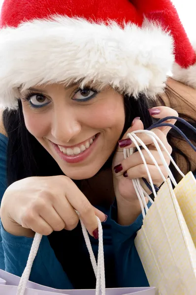 Karácsonyi nő gazdaság bevásárló táskák — Stock Fotó