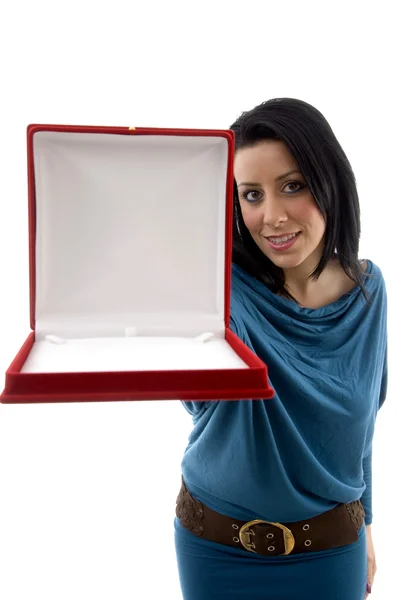 Emale showing empty necklace box — Stock Photo, Image
