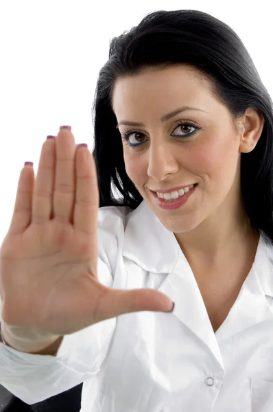 Médica mostrando parar gesto — Fotografia de Stock