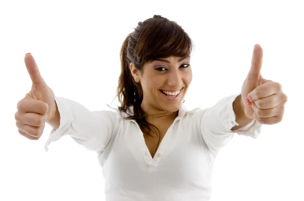 Весела жінка виконавча з великими пальцями вгору — стокове фото