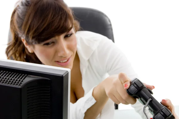 Woman executive playing videogame — Stock Photo, Image