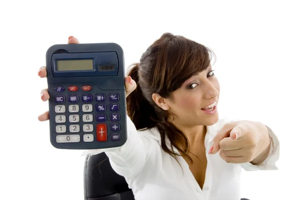 Female attorney showing calculator — Stock Photo, Image