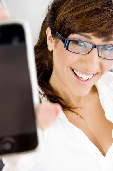 Smiling attorney showing cell phone — Stock Photo, Image