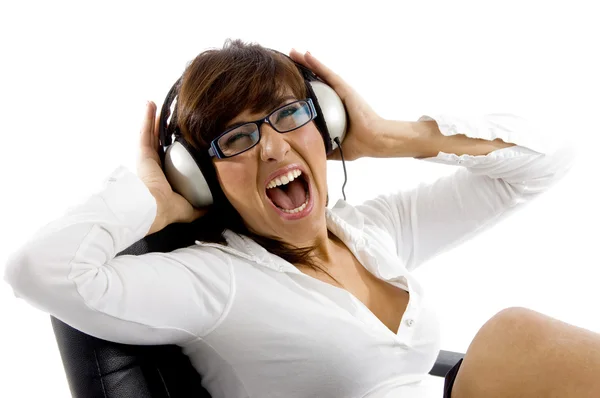 Beautiful lady enjoying loud music — Stock Photo, Image