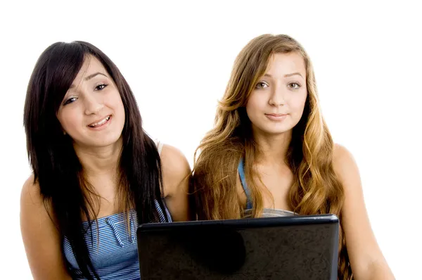 School girls with laptop, smiling — Stock Photo, Image