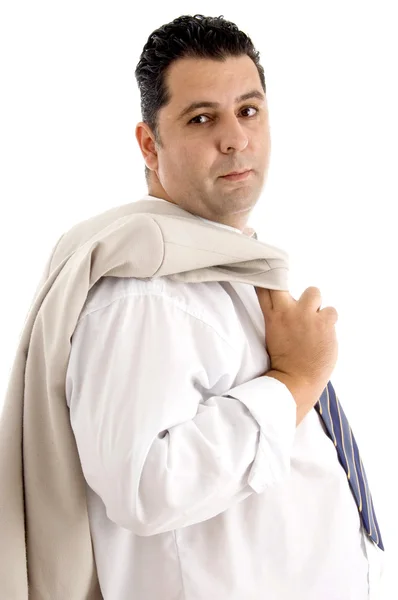Pohledný podnikatel drží kabát — Stock fotografie