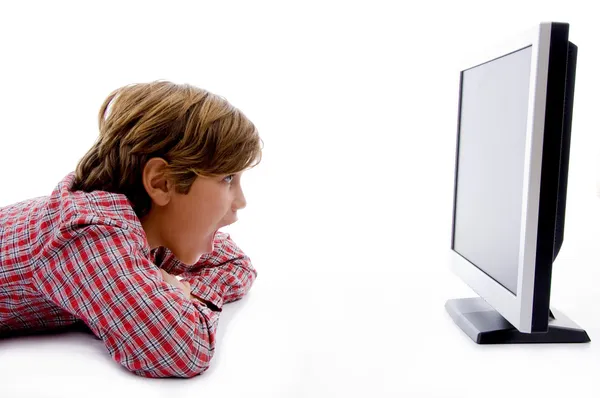 Sidan utgör pojke tittar på LCD-skärmen — Stockfoto