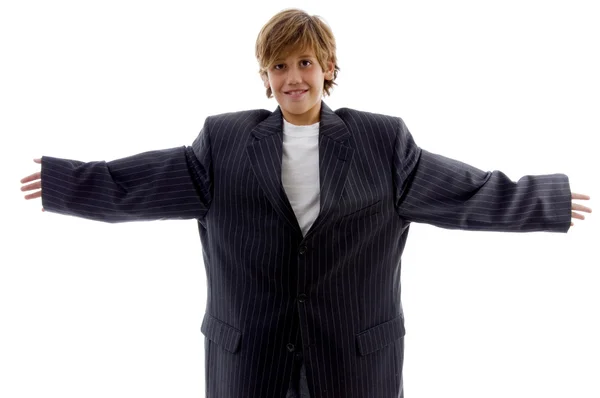 Front view of cheerful boy in a big suit — Stock Photo, Image