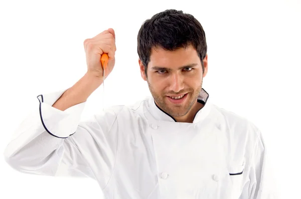 Portrét mladé šéfkuchaře drží dýku — Stock fotografie