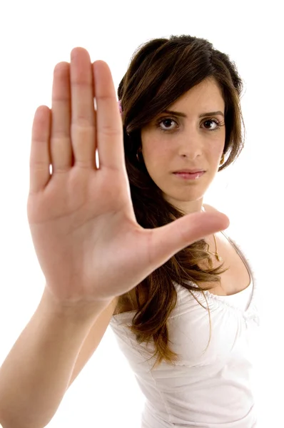 Mooie vrouw toont stop gebaar — Stockfoto