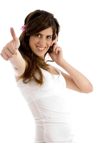 Communicating female showing thumbs up — Stock Photo, Image