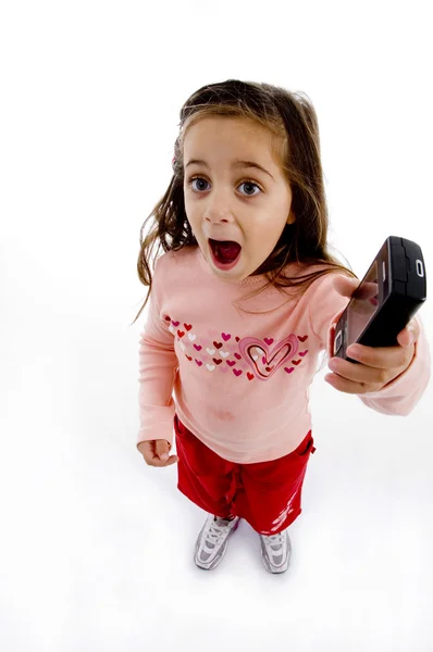 Menina segurando telefone celular — Fotografia de Stock