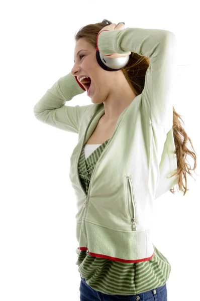 Nő kiabált, miközben zenét hallgatok — Stock Fotó